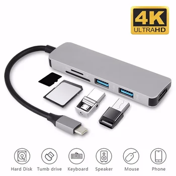 

Basix Aluminium 5 In 1 USB 3.1 USB C HUB Type-C To 4K HDMI 2 Ports USB 3.0 HUB SD/TF Card Reader for MacBook Type C Hub Adapter