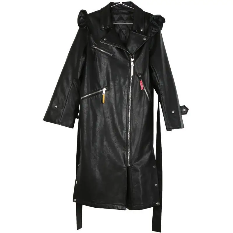 

Z-ZOUX Woman Jacket Long Faux Leather Jacket Women Motorcycle Woman Jacket Long Sleeve Lotus Leaf Lace Up PU Coats Women's Top