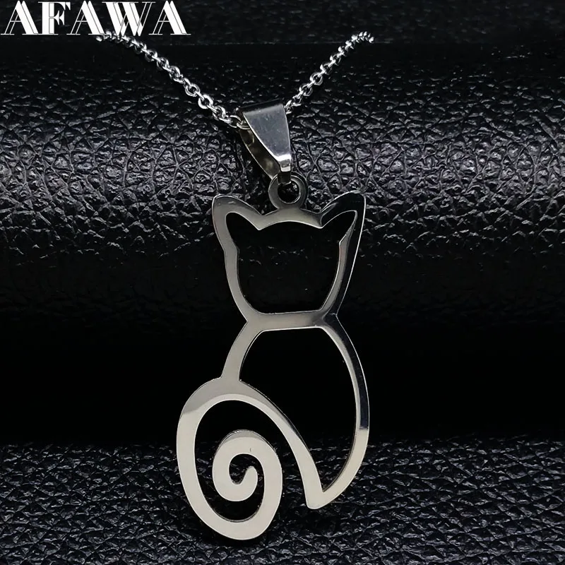 

2019 Fashion Cat Stainless Steel Chain Necklace for Women Silver Color Necklaces & Pendants Jewelry colgantes mujer moda N18108