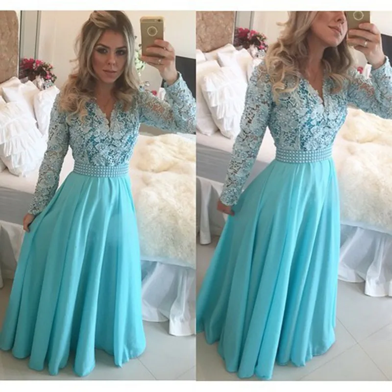 

Elegant Abendkleid Long Sleeve V-Neck Lace Chiffon Light Blue Prom Gowns Turquoise A-Line Evening Dress Long Dress