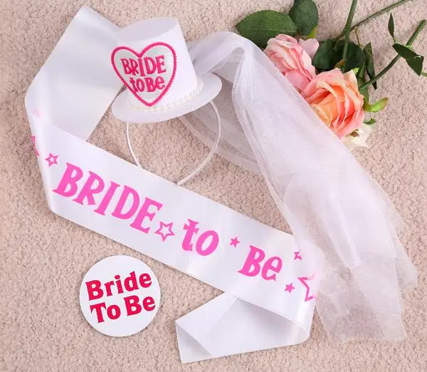 

8 sets of Wedding Decoration Bride To Be Set Hat With Bridal Veil & Sash&Brooch Bachelorette Party Favor Supplies