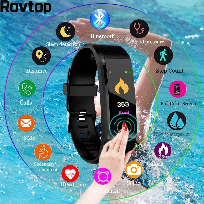 

Rovtop Waterproof Smart Bracelet Watch Wristband 115 Plus Blood Pressure Monitoring Heart Rate Monitor Smart Fitness Band