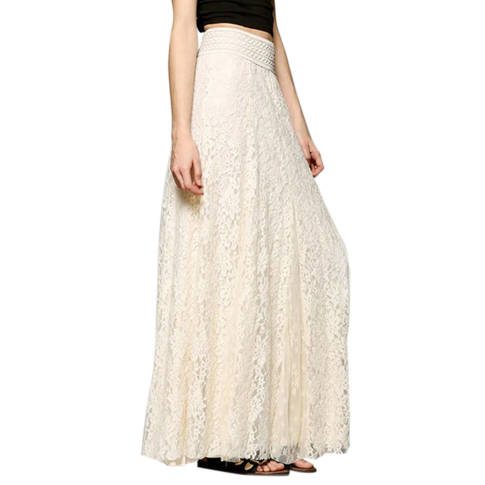 Feitong Женская кружевная юбка макси, юбка с эластичным поясом, двухслойная плиссированная длинная белая юбка, Mujer Moda# w30