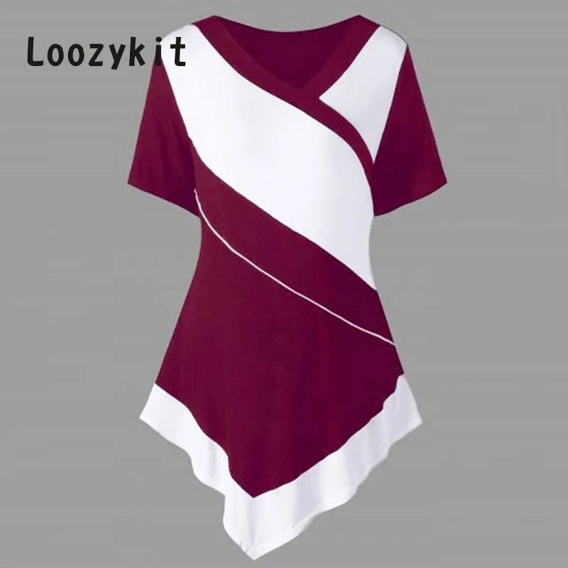 

LOOZYKIT Summer 5XL Plus Size Patchwork Irregular Hem T-Shirts Women Short Sleeve V-Neck Casual Tee Shirt Tops Tunic Clothing