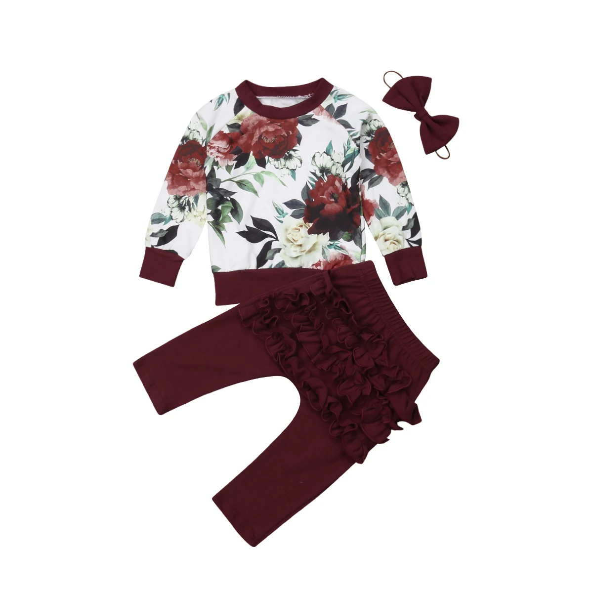 Мода для малышей для маленьких девочек с длинными рукавами с цветочным рисунком хлопковые топы штаны с оборками леггинсы одежда, 3 предмета в комплекте одежды осень - Цвет: Красный