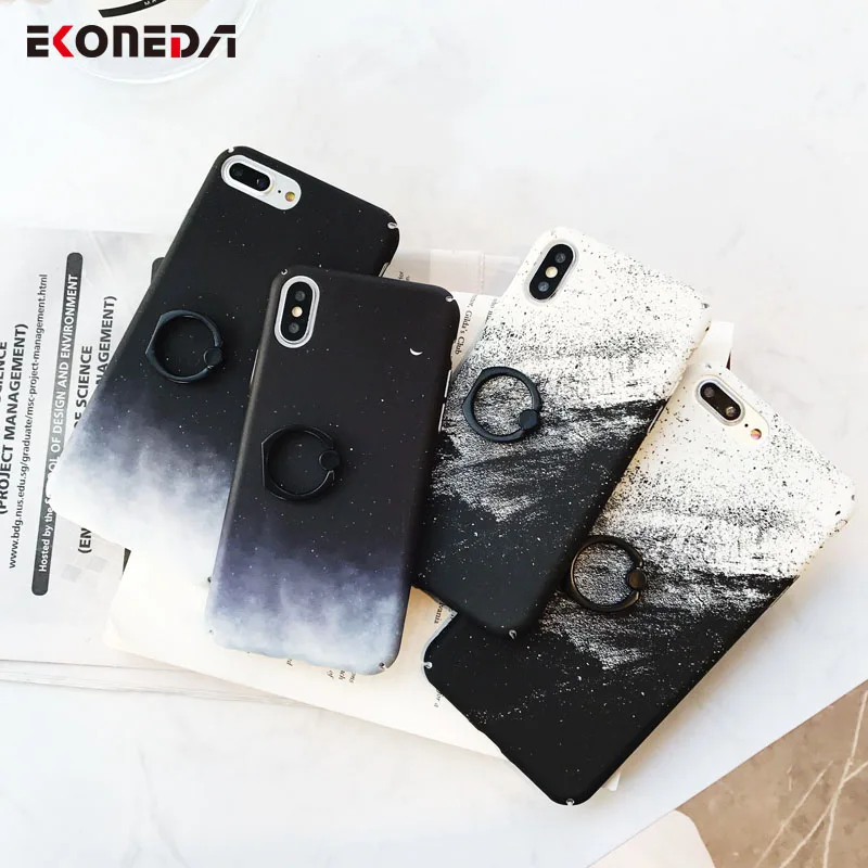 

EKONEDA Matte Finger Ring Case For iPhone XS Max XR Hard Holder Cover Ink Starry Sky Pattern Case For iPhone 6S 7 8 Plus
