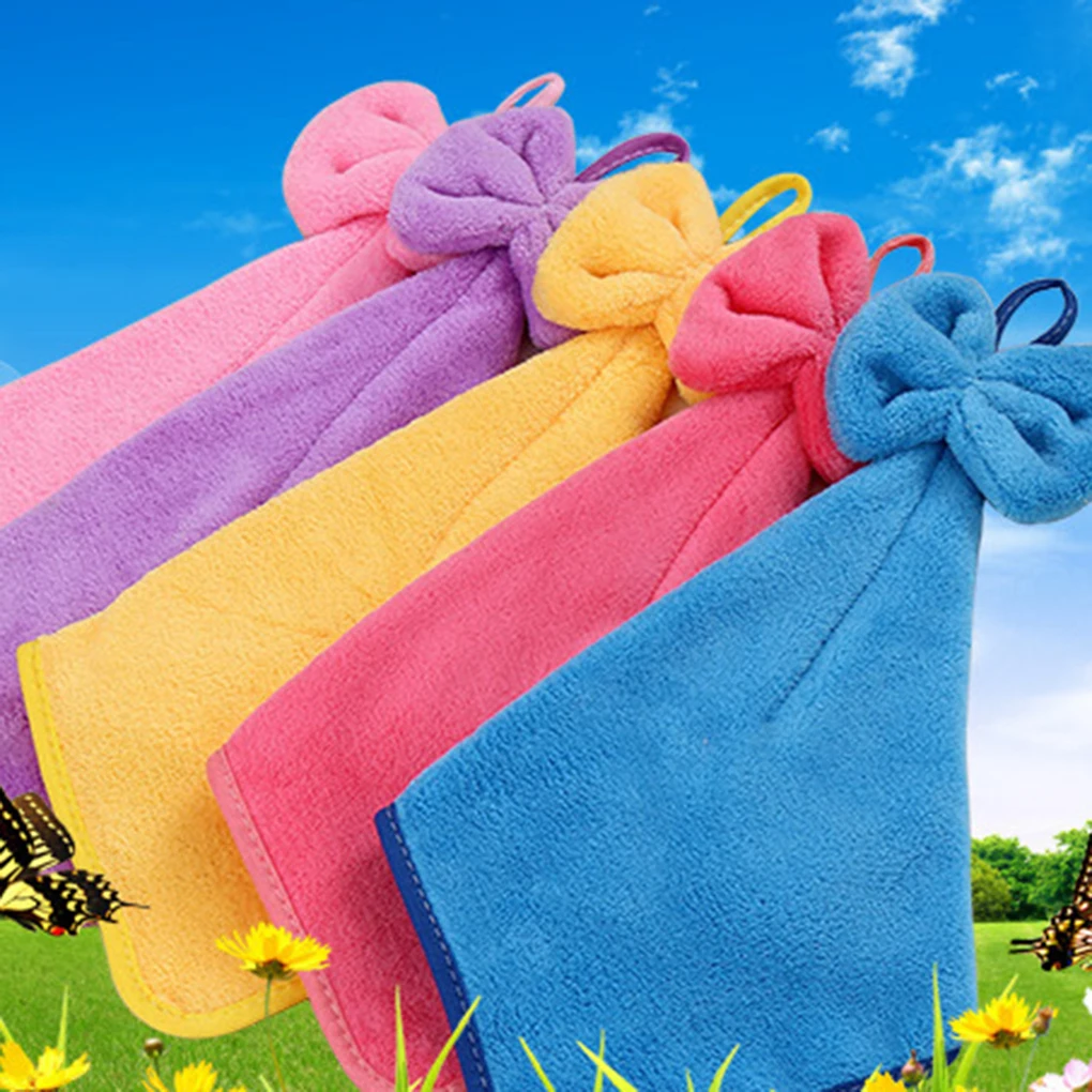 Solid Eco friendly Cute Four colors Bow Knot Coral Velvet Absorbent Hand Towels Hanging Kitchen