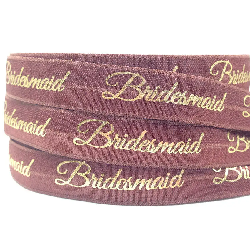 5/8"(5 yards/lot) Gold/Silver Bridesmaid Print Fold Over Elastics FOE Stretch Band Wedding Decor Party accessories - Color: GS268 Brown-Gold