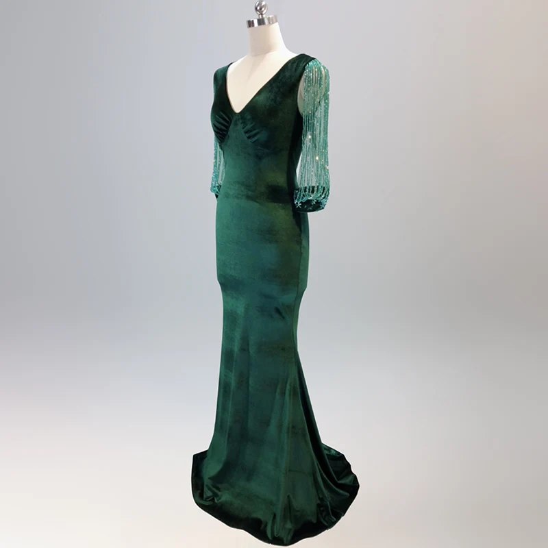 Элегантное зеленое бархатное платье с кристаллами и бисером, сетчатые рукава, v-образный вырез, длинное сексуальное платье русалки, одежда для вечеринок, платья для женщин, vestido de festa