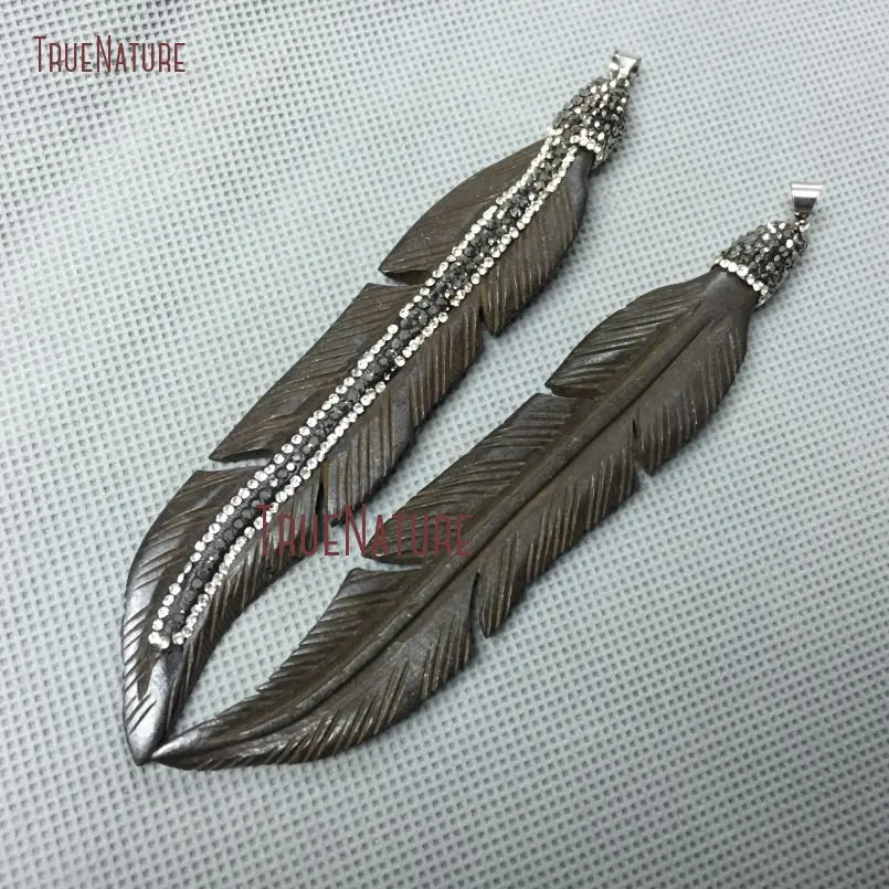 20181102-PM3084-Latest Ox Bone Pendant Gunmetal Rhinestone Pave Platinum Color Plated Feather Pendant