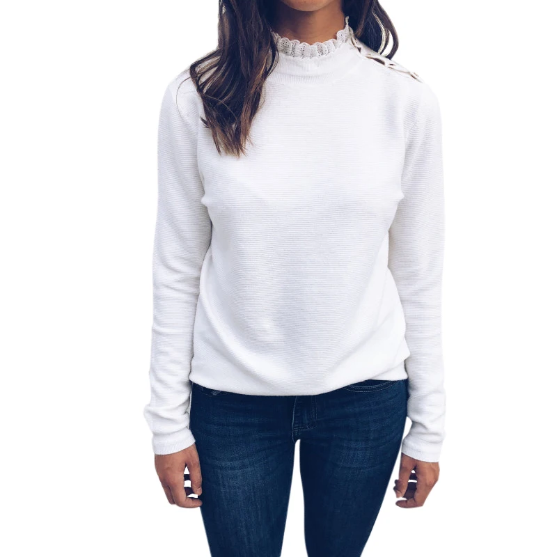 

Fashion Women Autumn T-shirt Button Lace Long Sleeves Pullover Tops Casual Tee Shirt Female Solid Woman Tshirt Top White