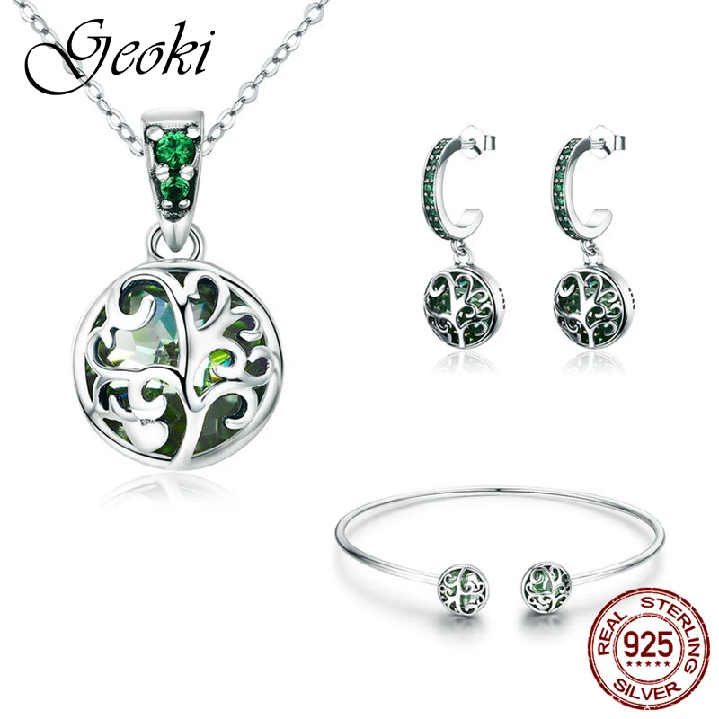 

Geoki 925 Sterling Silver Green Cubic Zirconia Life Tree Bangle&Drop Earrings&Pendant Necklace Original S925 Tree Jewelry Sets