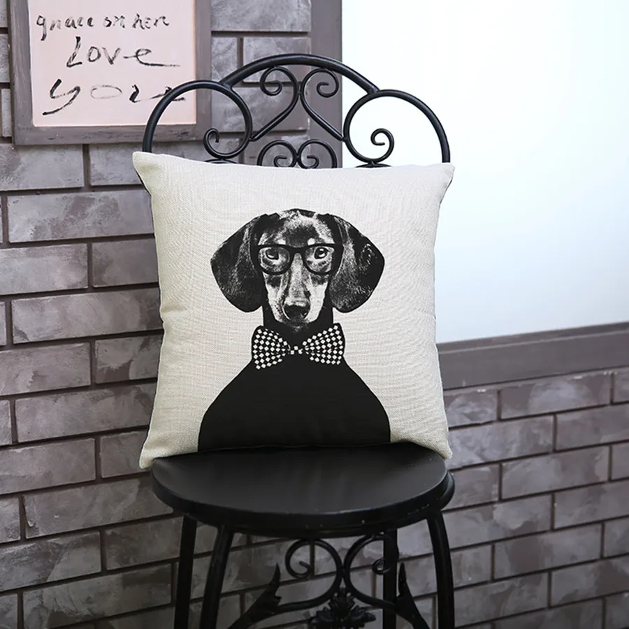 خمر الأسود والأبيض الكلب القط الحيوان وسادة المخدة بارد رجل المنزل الديكور غرفة مكتب أريكة كرسي الكتان رمي الوسائد
