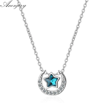 

Anenjery Hot Fashion Dazzling Azure Moon Star Zircon Necklace For Women Silver Color Necklace S-N278