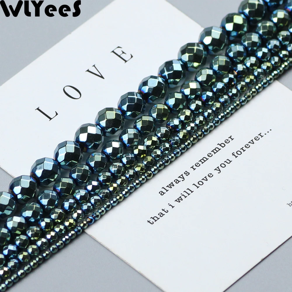 

WLYeeS Plating Green faceted Round Hematite beads 2 3 4 6 8 10mm Ball natural stone Loose bead for Jewelry Bracelet Makign DIY