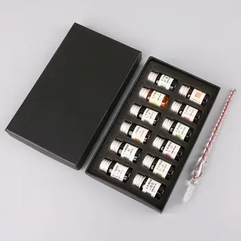 

12pcs Gold Powder Colored Bottled Glass Dip Pen Ink Set Fountain Writing Signature Box Gift 7ML