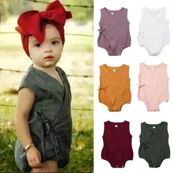 

2019 Cute Newborn Infant Baby Girls Clothes Sleeveless Solid Romper Cotton Linen Kimono Jumpsuit Clothes 0-18M