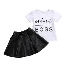 2 ШТ. Малыша Дети Девушка Одежда Набор Лето С Коротким Рукавом Мини Boss Футболки Топы + Кожаная Юбка Экипировка для Детей Костюм