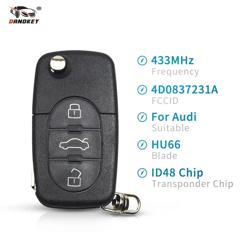

Dandkey Folding Remote Switch Flip Key For Audi A3 A4 A6 A8 B5 TT RS4 Quattro Old Models 433Mhz ID48 Chip HU66 Blade 4D0837231A