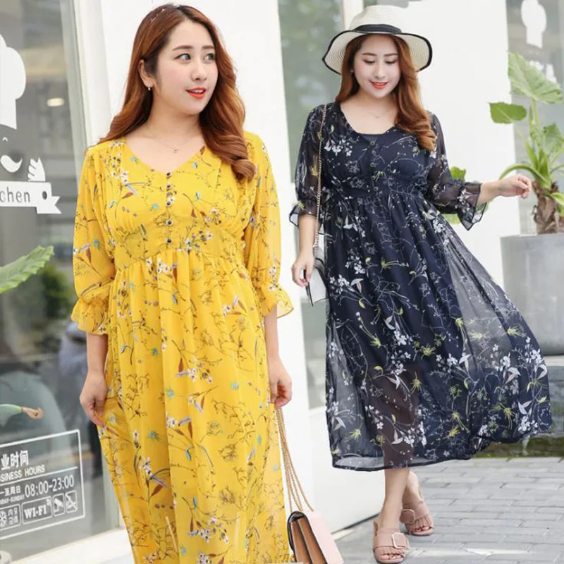 

Floral Dress Vestido Boho V Neck Dress Yellow Dress Vestido Floral Zomerjurk Dames 2019 Three Quarter 4XL 2 Piece Suit Plus Size