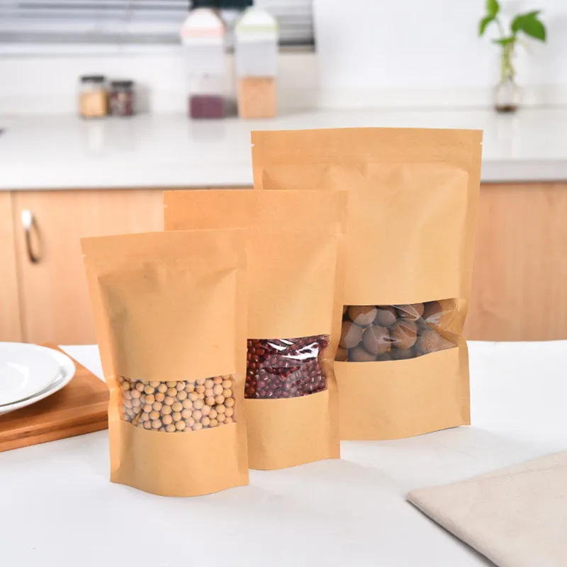 

50pcs! Reusable Kraft Paper Self Seal Zipper Packing snack bag with transparent window Fresh keeping food candy Stand up wrap