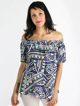

2019 summer print short sleeve top elastic collar