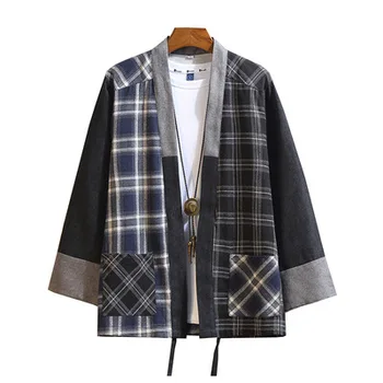

2019 summer new Chinese style cotton and linen stitching men's casual cardigan Hanfu retro linen plaid T-shirt male