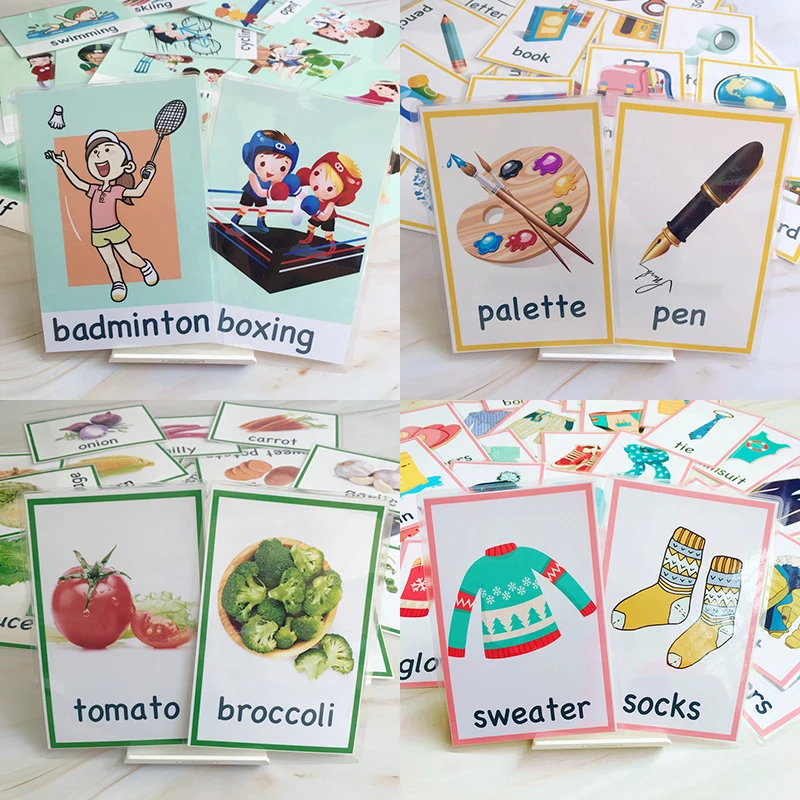 

91Pcs/Set Sports/Stationery/Vegetables/Clothing Montessori Educativos Children Learning English FlashCards Baby Educational Card