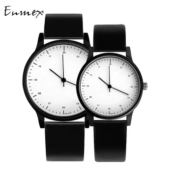 gift Enmex cool couple watch wristwatch Brief vogue simple stylish Genuine leather band casual quartz fashion lover's watch jis flash light couple quartz watch with leather band