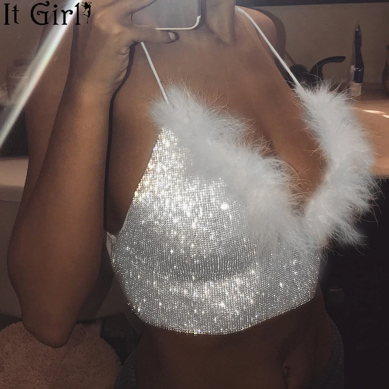 

Bling Metal Feather Details Tank Tops Festival Rave Clothig Summer Sexy Backless Rave Body chain Beach Tops Z78
