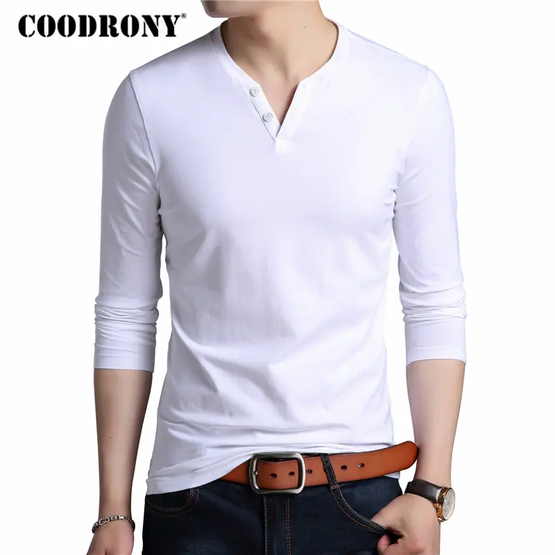 

COODRONY T Shirt Men Brand Clothing 2018 Autumn Top Soft Cotton T-Shirt Men Casual Henry Collar Long Sleeve Tee Shirt Homme 8604