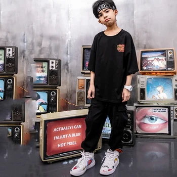 

Jazz Dance Costumes Kids Black Short Sleeve Tidal Suit Children'S Day Street Dance Performance Dance Wear Hip Hop CostumeDQS1474