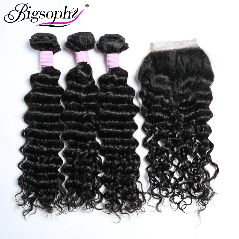 

Bigsophy Peruvian Deep Wave Hair 3 Bundles With Lace Closure Baby Hair Free/Middle/Three Part 4pcs/Lot Human 100% Remy Hair