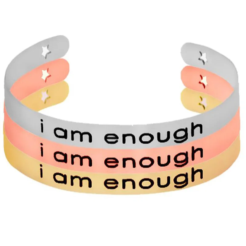 

9pcs/lot Silver/Gold/Rose Gold Alloy Cuff Bangle Letter "I am enough " Stamped Bracelets For Women