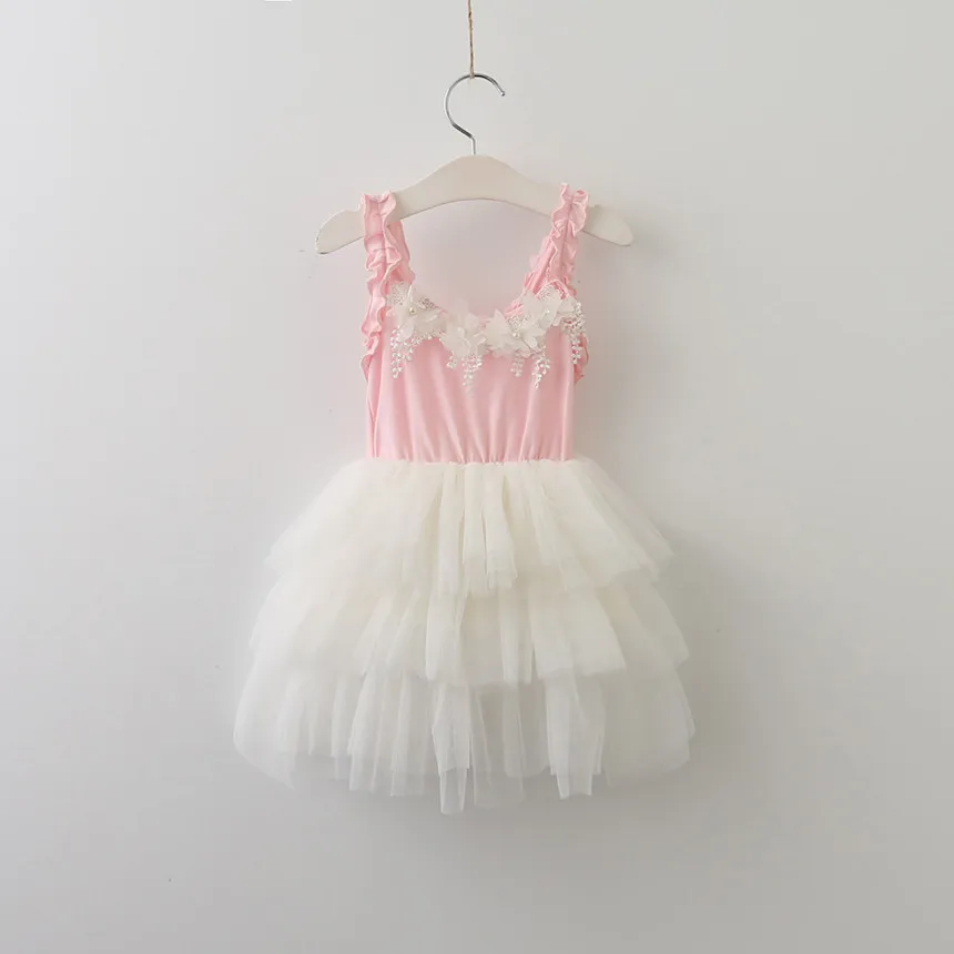 Новое летнее платье для девочек кружевное праздничное платье с цветочным рисунком Пышное газовое платье принцессы Одежда для детей - Цвет: Розовый