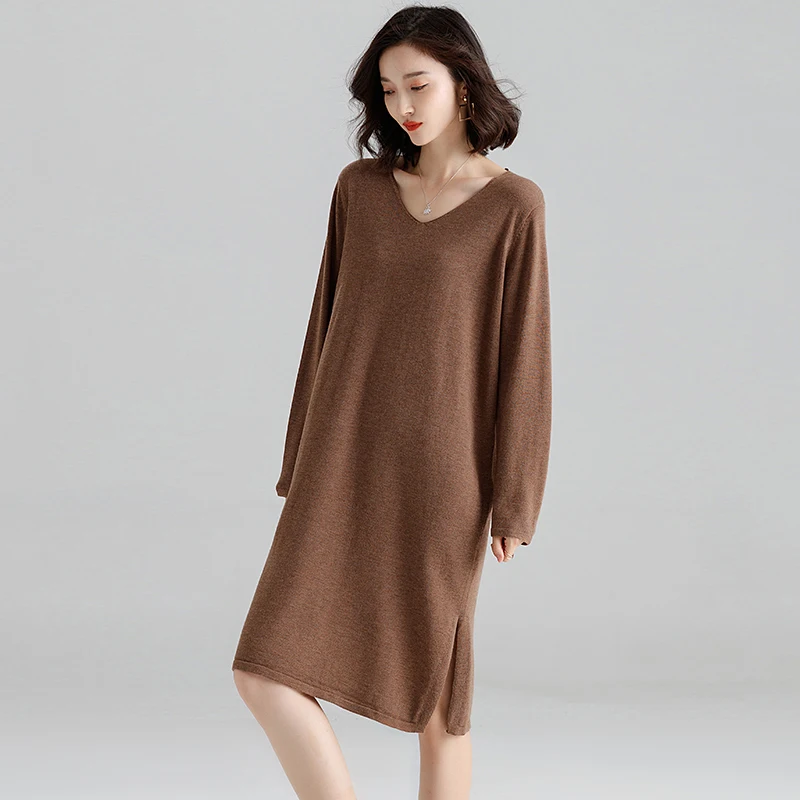 

New Spring Women Knit Wool Dress Elegant Ladies Side Split Knit Dress Pullover V-neck Wool Dress