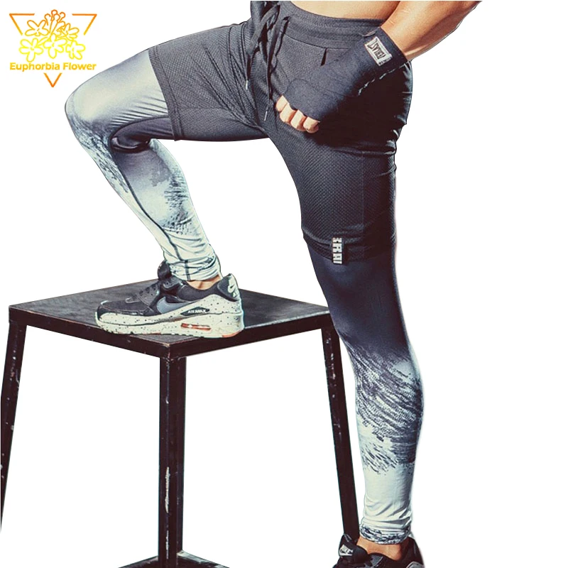SY95016 Men s 2 in1 Sports Printed Pants Running Football Basketball Gym font b Fitness b