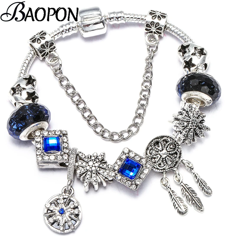 BAOPON классический луна & Звездный браслет с перьями серебряной змеиной цепи