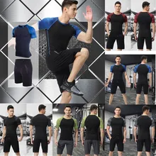 Летний мужской короткий спортивный костюм Мужская эластичная Повседневная футболка для фитнеса быстросохнущие Топы Брюки спортивные лосины Костюм Повседневный комбинированный Топ