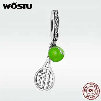 

WOSTU 925 Sterling Silver Delicate Tennis Rackets Green Enamel Pendants fit original WST Charm Bracelets DIY Jewelry DXC335