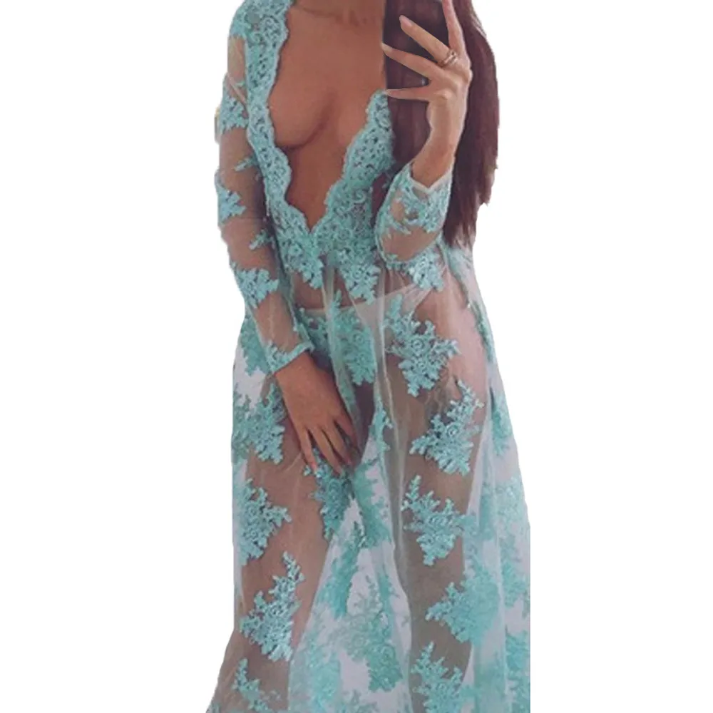 

Dress Women Party Nigh Blue Solid Party Long Dress Deep V Neck Sleeveless Seethrough Sexy Dresses Sexy Elegant Women Clothes