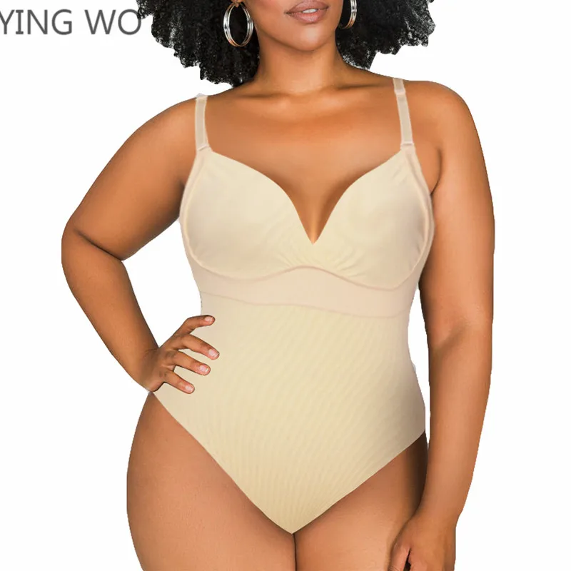 

Beige/Black Plus Size Body Thong Shaper Hook-Up Slimming Adjustable Straps Compression Bodysuit Tummy Trimmer Butt Lifter 5XL