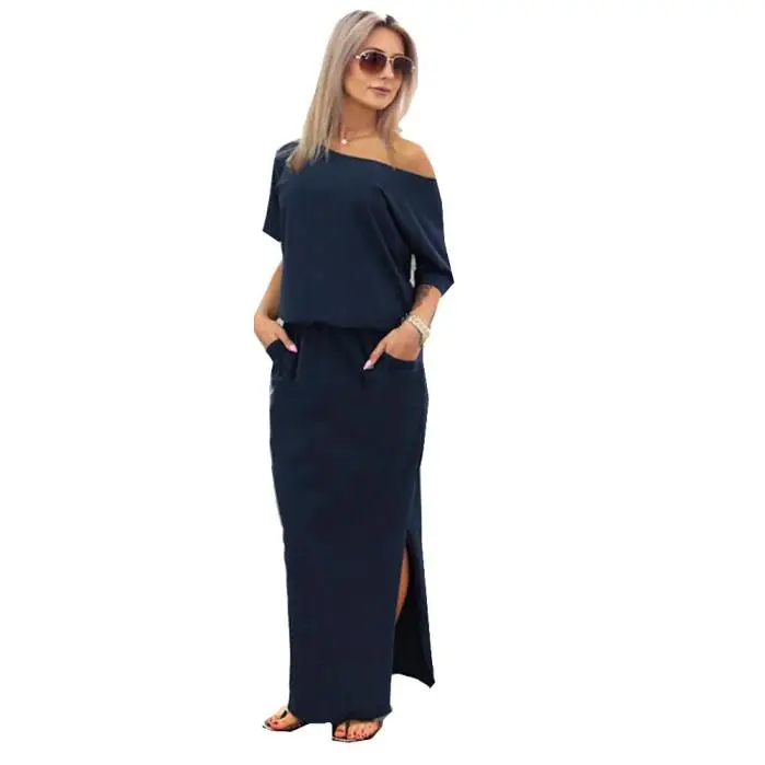 

Free Ostrich Sexy Summer Women Maxi Dress Short Sleeve Side Slit Loose Evening Party Long Beach Dress with Pocket Vestidos D0235