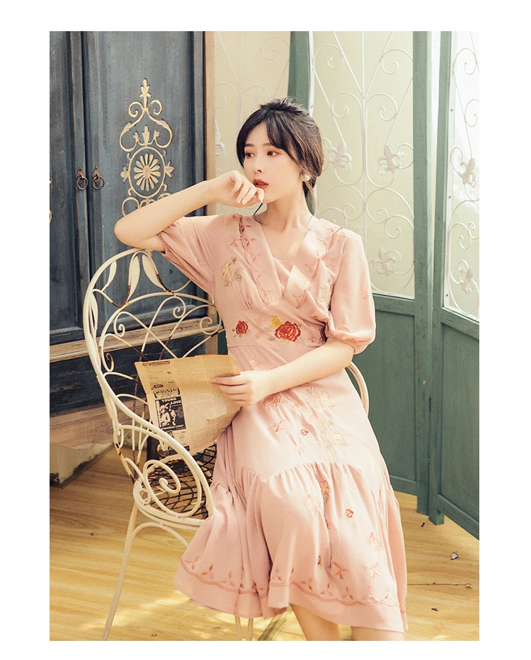 YOSIMI Summer Women Dresses Ladies Party Dress Floral Embroidery Short Sleeve V-neck Midi Fairy Chiffon Pink Dress Elegant