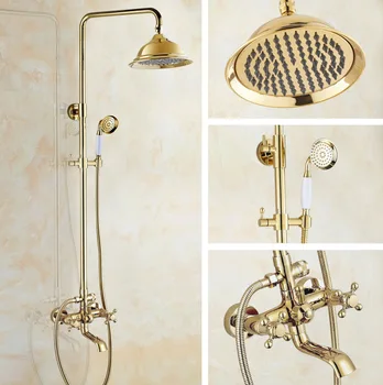 

Luxury Polished Gold Color Brass Dual Cross Handles Levers Bathroom Round Rainfall Shower Faucet Set Bath Tub Mixer Tap mgf393