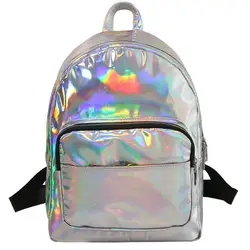 2017, Новая Мода Голограмма лазерная рюкзак Повседневное для девочек школьная сумка Для женщин Серебряный Сумки кожа голографическая SAC