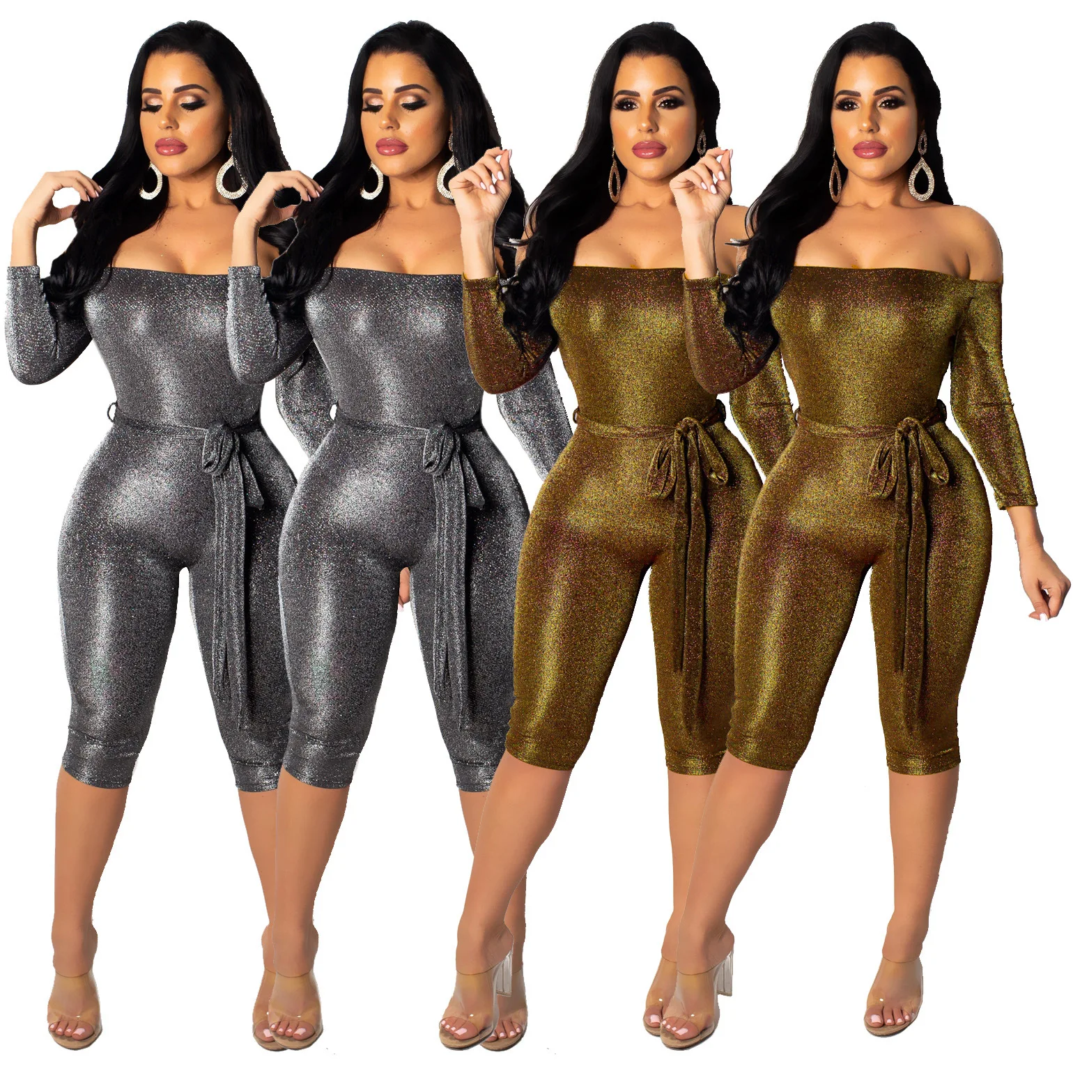 

2019 new hot selling Sexy word collar gold and silver silk jumpsuit Skinny Solid jumpsuit suit for lady