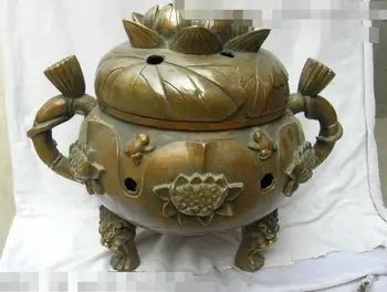 

Free shipping S03001 15"Chinese Bronze Folk Eximous Water lily lotus flower incense burner Statue