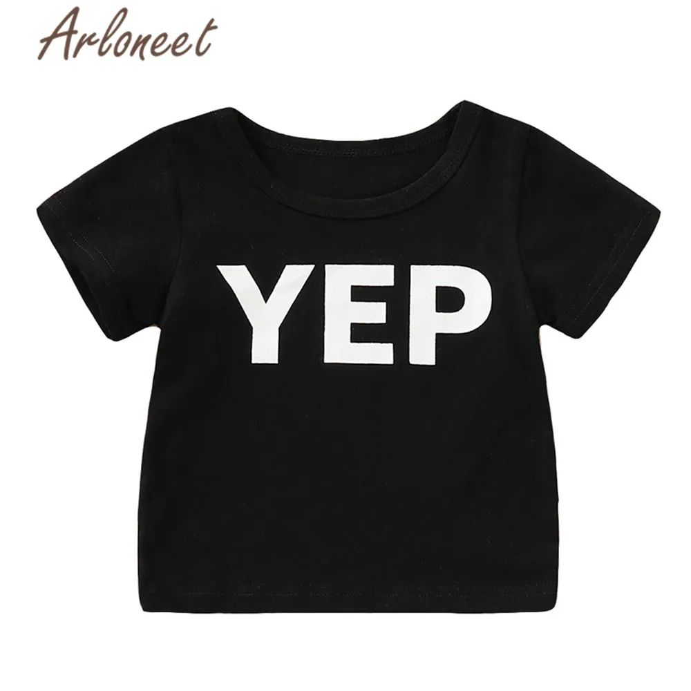 Одежда arloneet/хлопковая Футболка для маленьких мальчиков забавная футболка с надписью детская одежда унисекс модная футболка для девочек - Цвет: BK