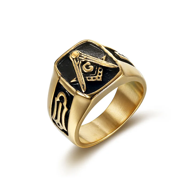 

US 7 to 15 size Punk Vintage Men gold color 316L Stainless Steel Masonic Rings Jewelry Wedding Band for Men Retro Punk Rings